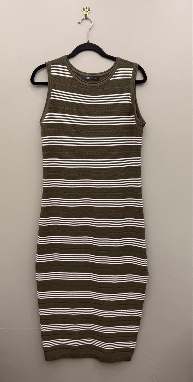 PrettyGarden Olive Green White Striped Knit Midi Dress Medium Sleeveless
